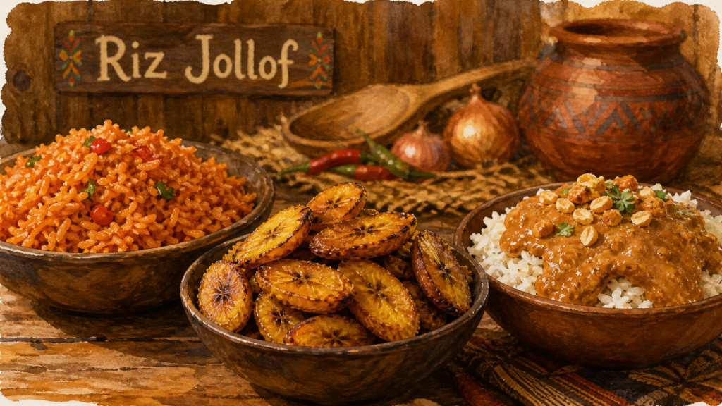 Met africain : riz jollof, maafé à l’arachide et plantains grillés