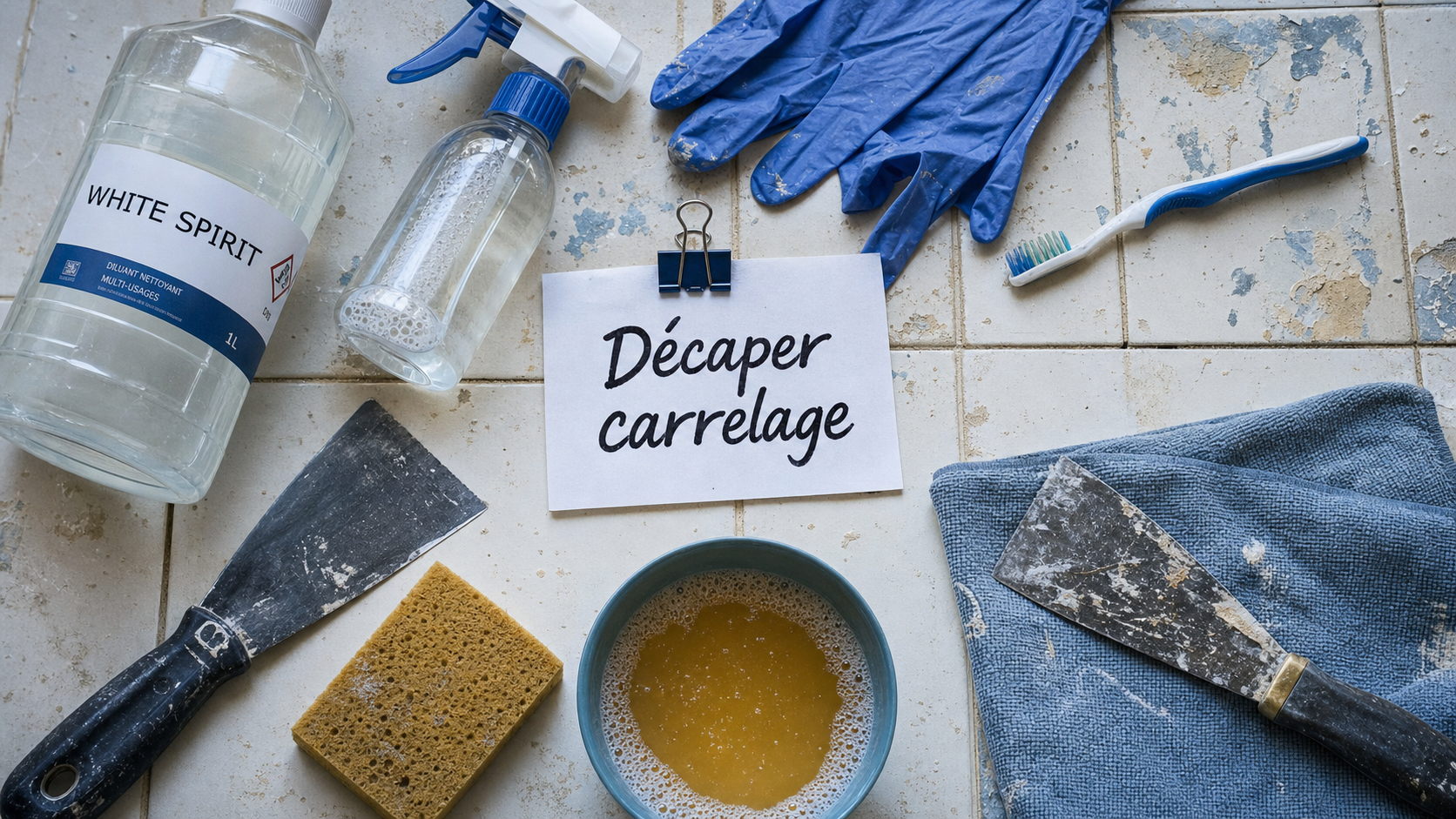 Nettoyer peinture sur carrelage : éponge, spatule et eau savonneuse pour préserver l’émail