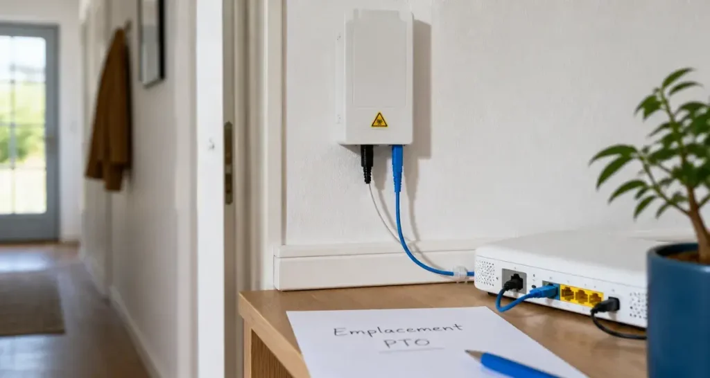 Où placer boitier fibre optique dans une maison : PTO sur mur avec câbles
