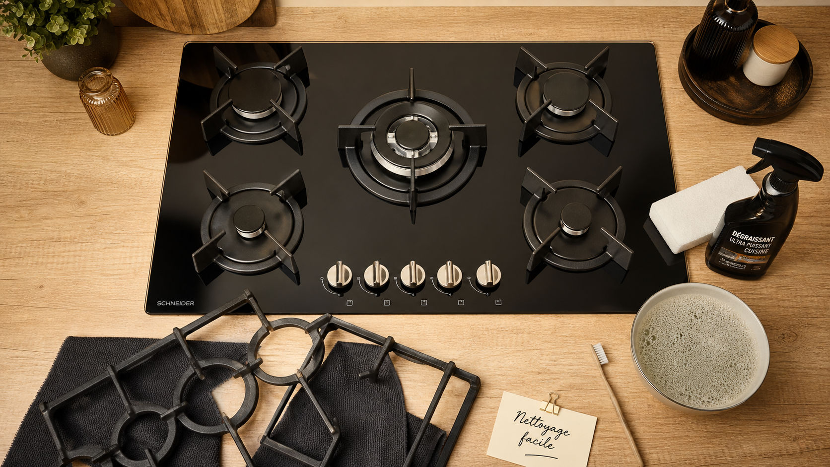 Plaque de cuisson gaz 5 feux facile à nettoyer : verre et grilles propres