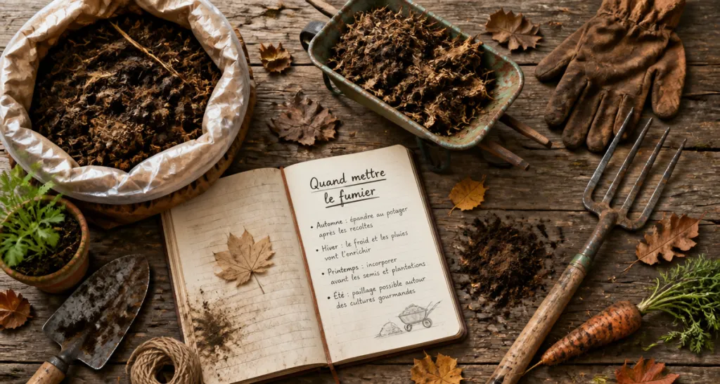 quand mettre du fumier au jardin, outils et fumier sur table