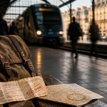 Weekend en Europe : city break en train, billet et sac à dos en gare