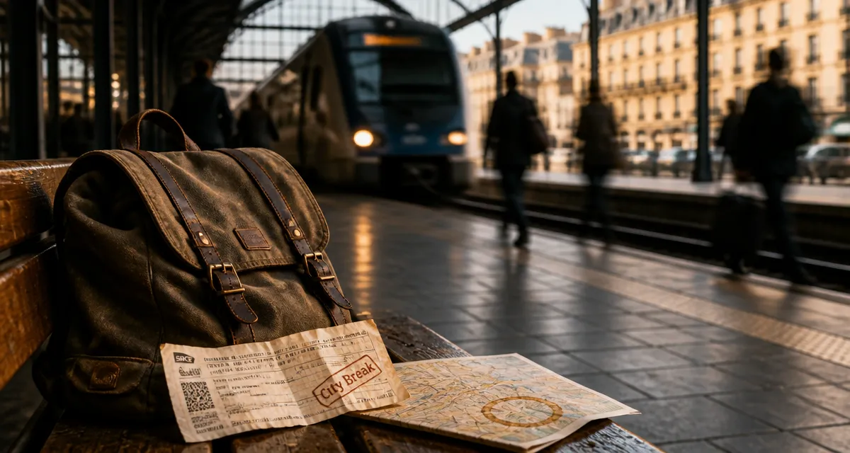 Weekend en Europe : city break en train, billet et sac à dos en gare