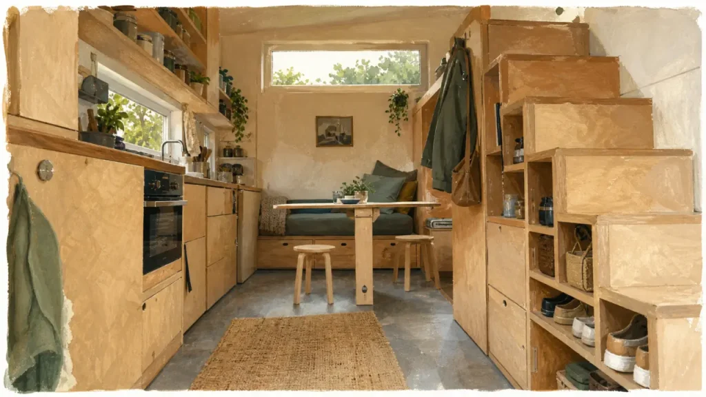 Aménagement tiny house : rangements intégrés et lumière naturelle