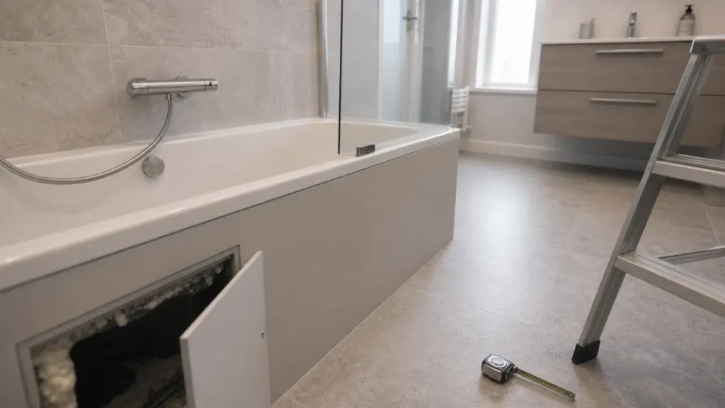 Baignoire de salle de bain droite moderne, pare-baignoire et robinetterie murale