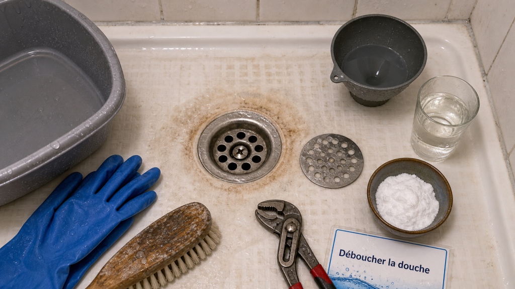 Deboucher la douche : siphon et furet pour eau chaude, calcaire et bouchon