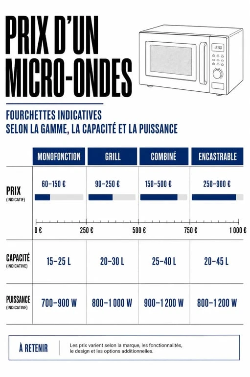 Comparatif du prix micro onde selon les types, la capacité et la puissance