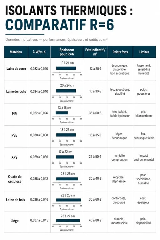 Tableau comparatif isolant thermique des principaux matériaux avec lambda, épaisseur et prix