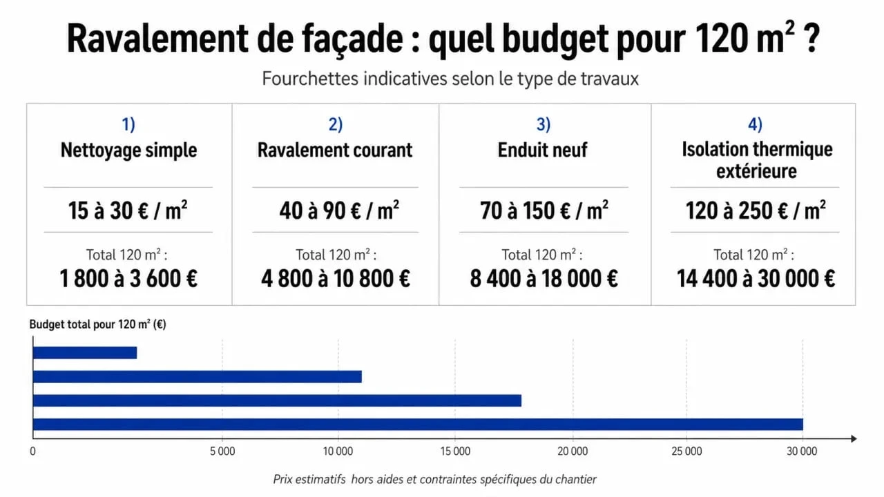 Prix ravalement façade maison 120m2 : comparaison visuelle des coûts selon la technique de ravalement