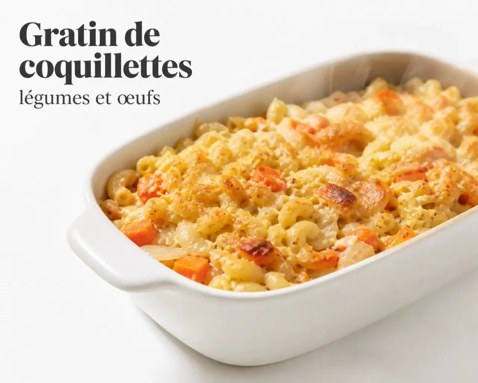 Recette facile pas cher : gratin de coquillettes aux légumes et œufs, servi dans un plat à gratin familial
