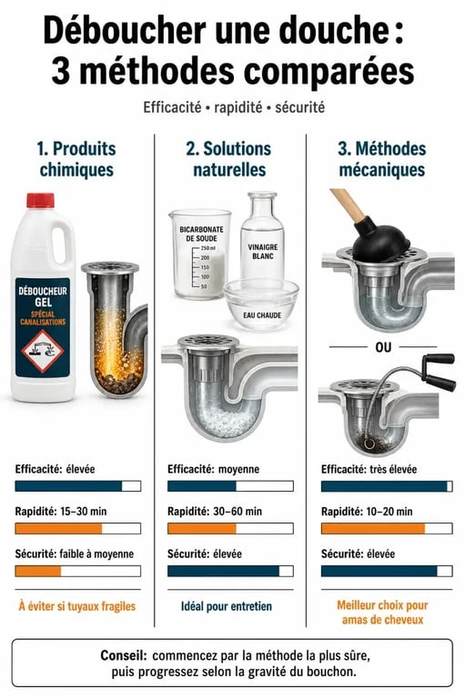Infographie comparative des méthodes pour déboucher une douche : produits chimiques, naturels et mécaniques