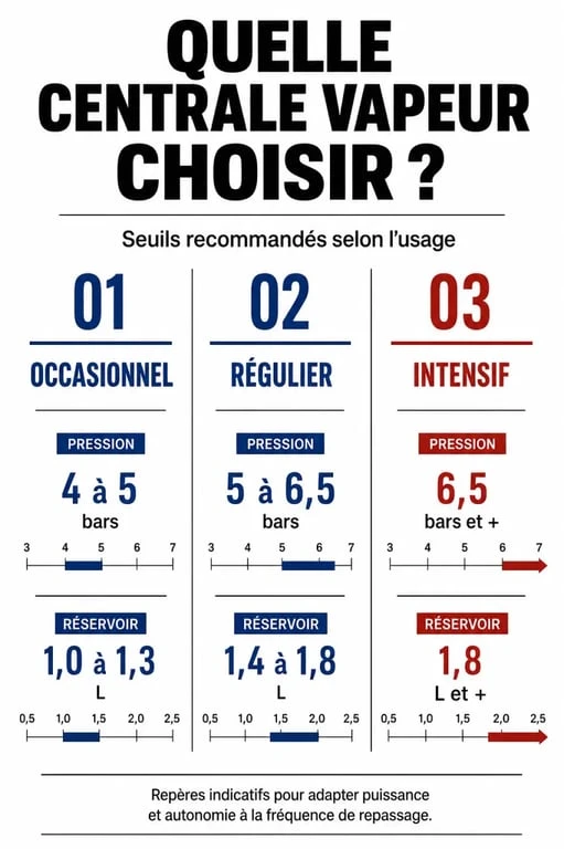 Infographie comparative pour choisir sa centrale vapeur selon son usage et ses besoins en pression et réservoir