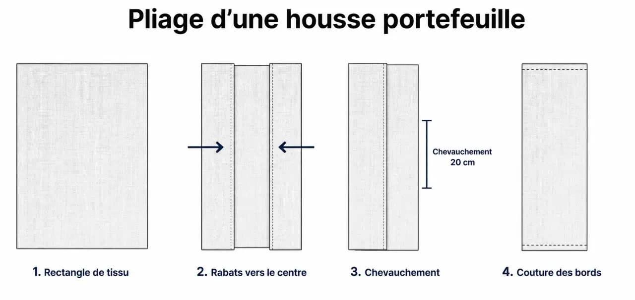 Schéma explicatif des étapes de pliage pour coudre une housse de coussin portefeuille