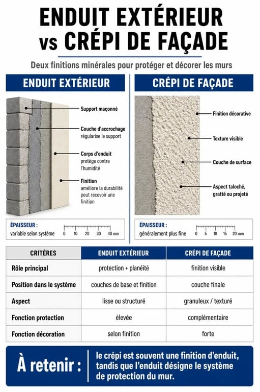 Infographie comparative entre crépi et enduit extérieur pour le choix du revêtement de façade