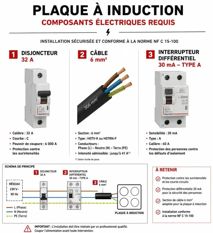 Schéma technique des composants électriques pour l'installation d'une plaque à induction : disjoncteur 32A et section de câble 6mm²