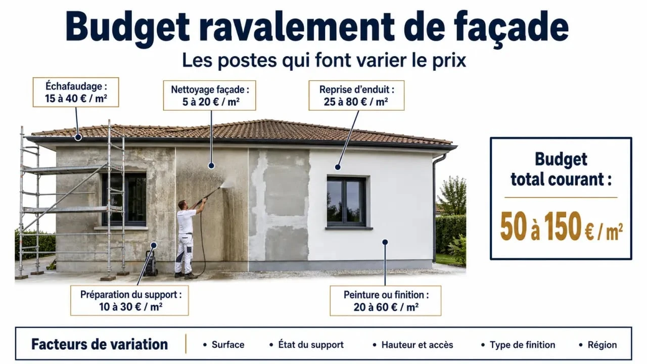 Prix ravalement façade maison 100m2 : visuel comparatif des coûts et facteurs de budget