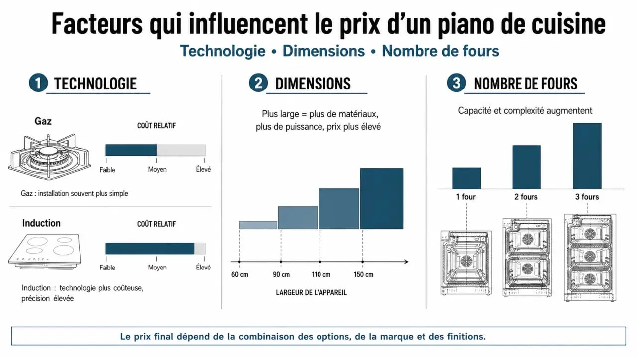 Infographie comparative des facteurs influençant le prix d'un piano de cuisine