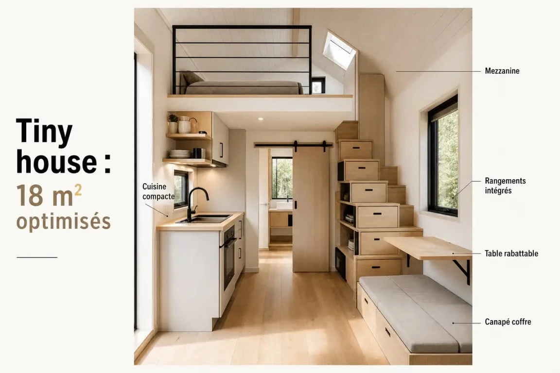Aménagement tiny house d’un intérieur compact avec rangements intégrés et mobilier multifonction