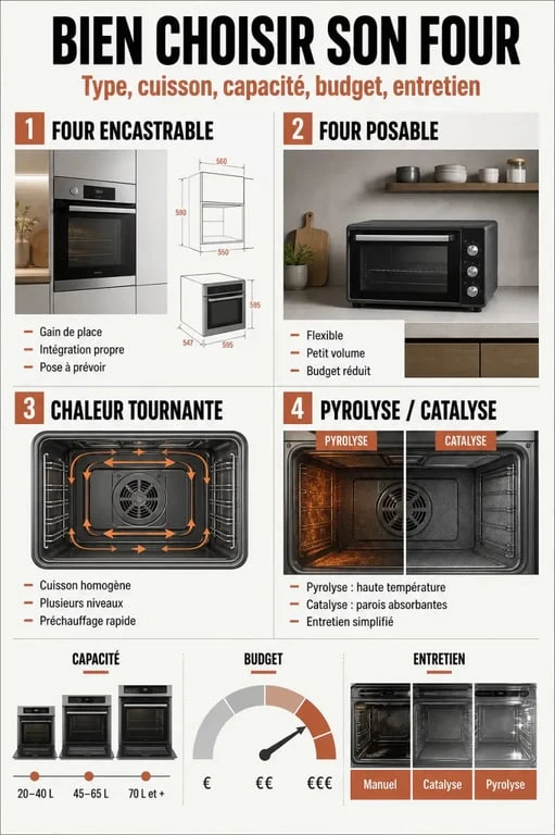 Quel four choisir : comparaison visuelle entre four encastrable, four posable, chaleur tournante et pyrolyse