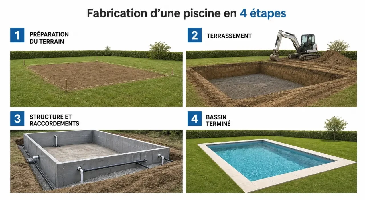 Fabrication d une piscine : illustration des étapes du chantier, du terrassement à la mise en eau