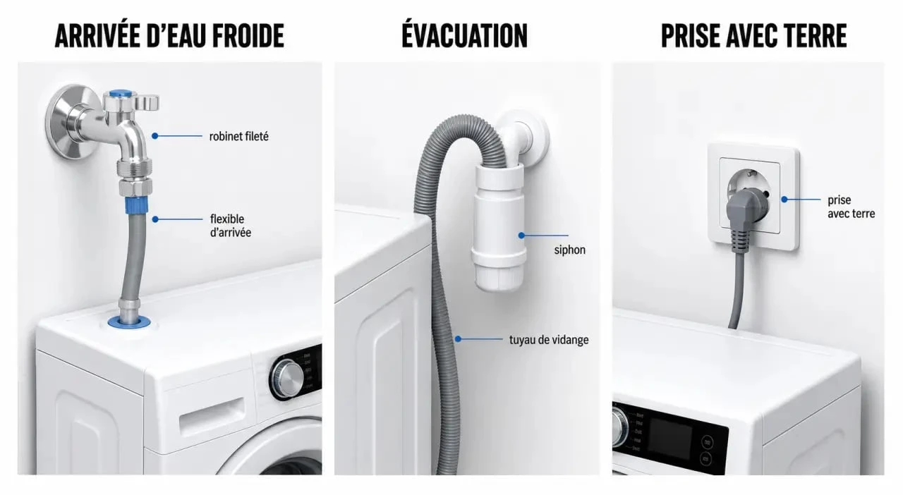 Lave linge branchement : illustration des raccordements d’eau, d’évacuation et d’électricité