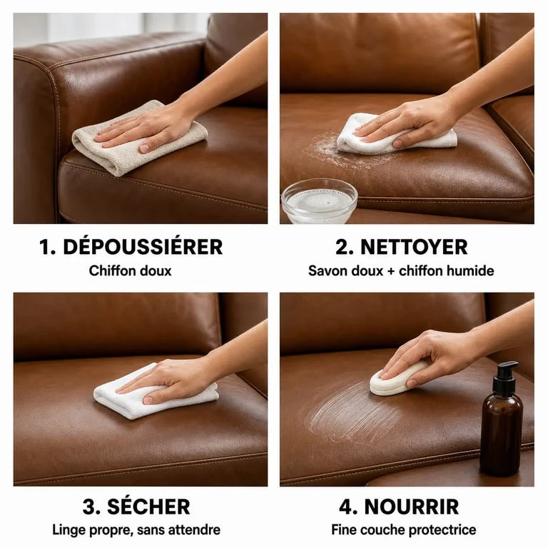 Entretien des canapés en cuir : illustration des étapes de dépoussiérage, nettoyage, séchage et nourrissage