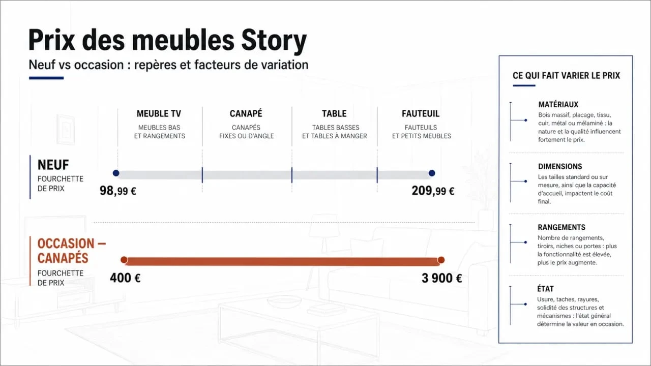 Prix meubles Story : comparaison visuelle des tarifs neuf et occasion par catégorie