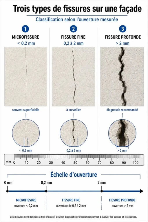 Schéma comparatif des types de fissures sur crépi extérieur pour identifier la gravité d'une micro fissure crépi extérieur
