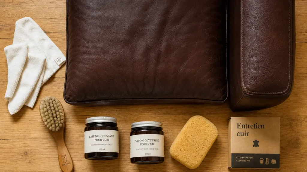 Entretien des canapés en cuir : nettoyage et soin avec microfibre, lait nourrissant et brosse