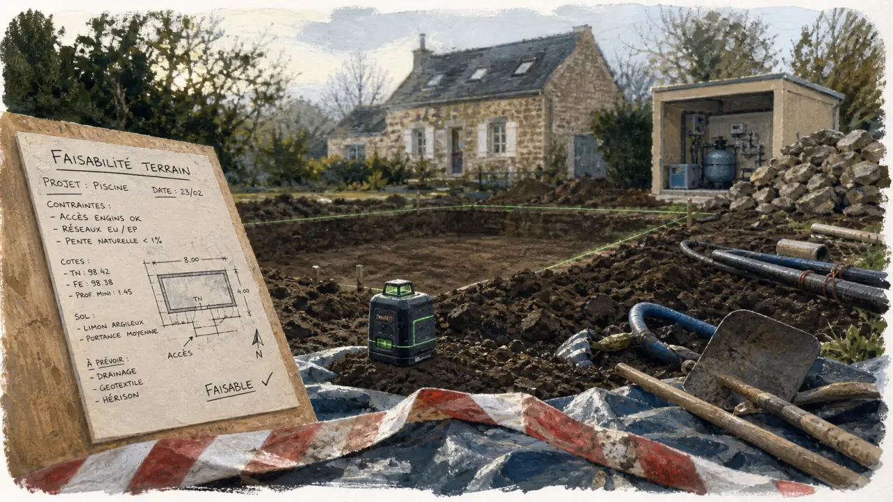 Fabrication d une piscine : terrassement de jardin avec niveau laser