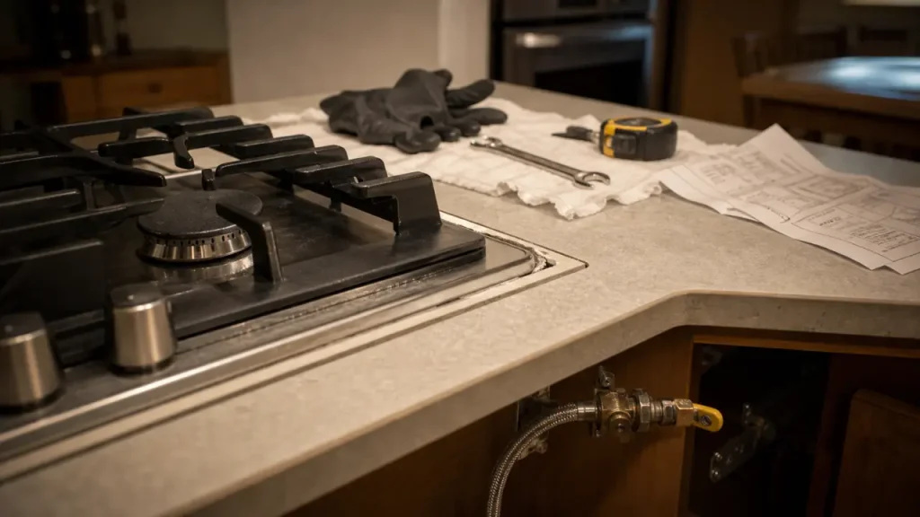Installer une plaque de cuisson gaz : joint, flexible métallique et robinet d’arrêt visibles