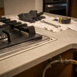 Installer une plaque de cuisson gaz : joint, flexible métallique et robinet d’arrêt visibles
