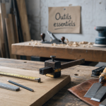 Outils pour menuisier : mètre, équerre, trusquin et électroportatif en atelier
