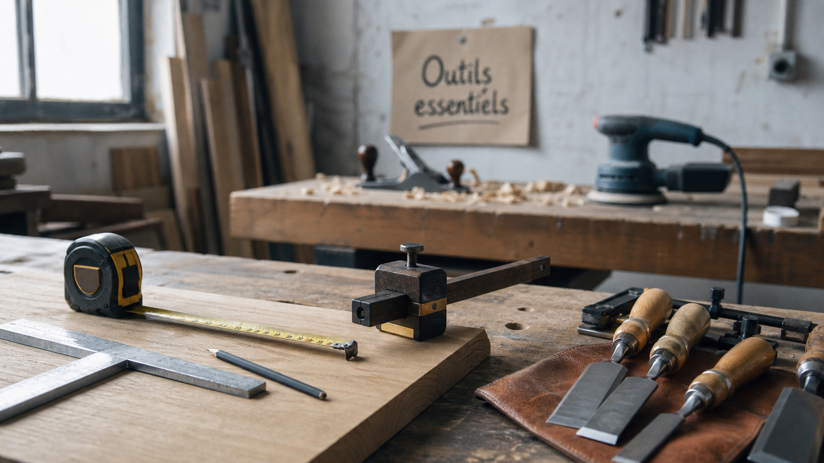 Outils pour menuisier : mètre, équerre, trusquin et électroportatif en atelier