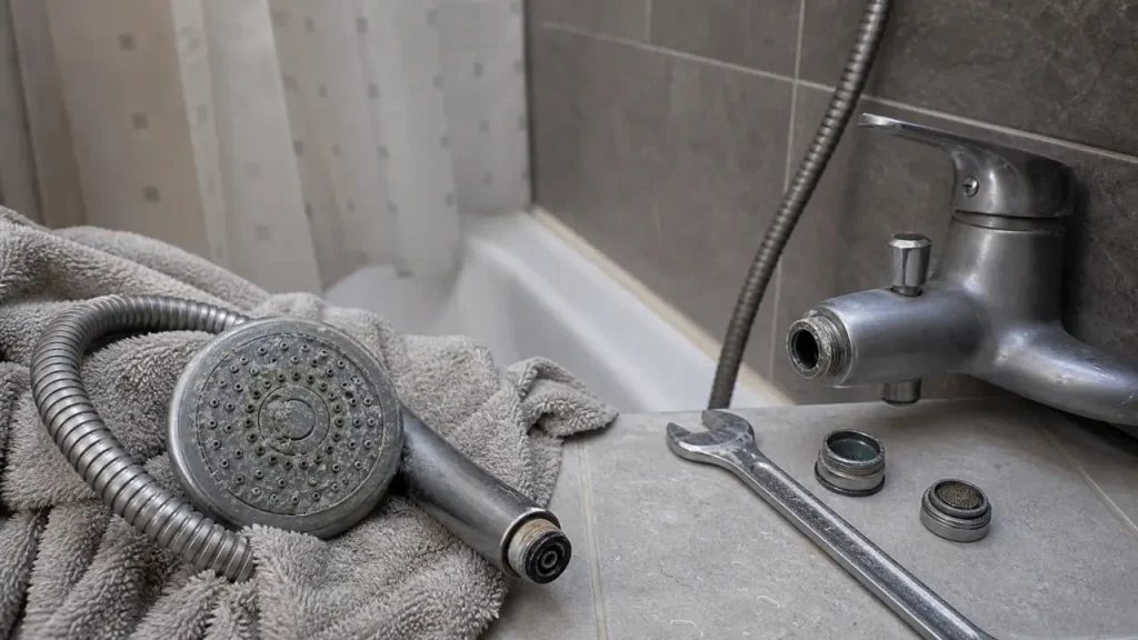 Pas de pression douche : pommeau démonté et calcaire sur flexible