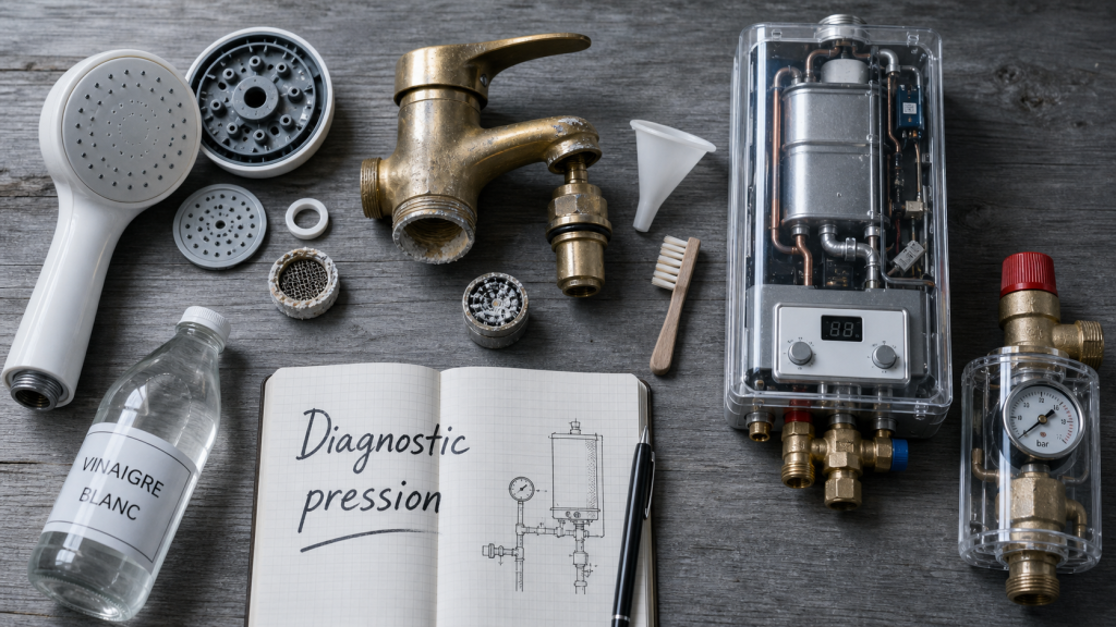 Pas de pression eau chaude : douchette et aérateur avec calcaire, diagnostic débit.