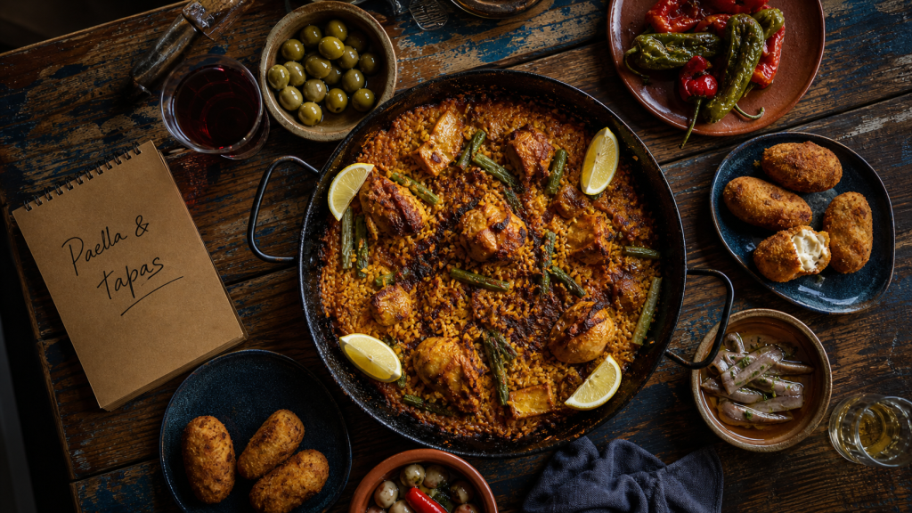 Plats espagnols : paella valencienne et tapas, vue de dessus