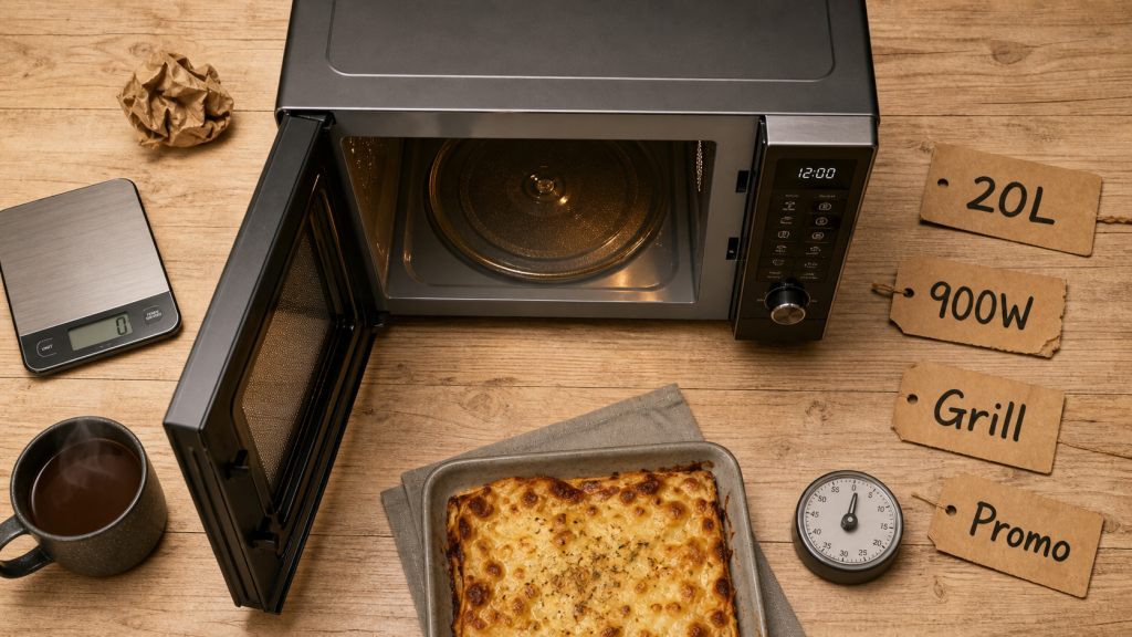 Prix micro onde : micro-ondes ouvert avec étiquettes 20L et 900W