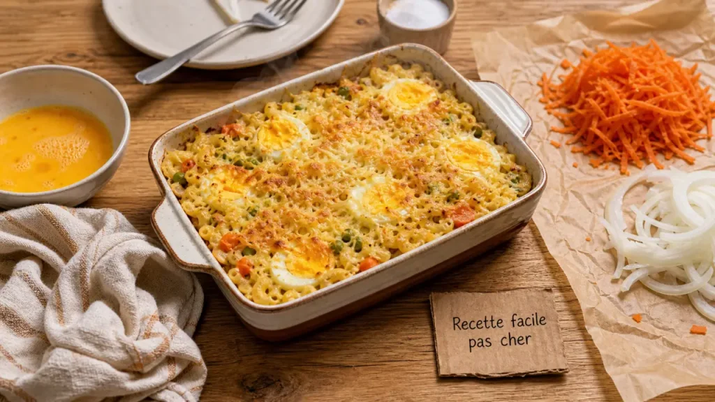 Recette facile pas cher : gratin de coquillettes aux légumes et œufs, plat fumant