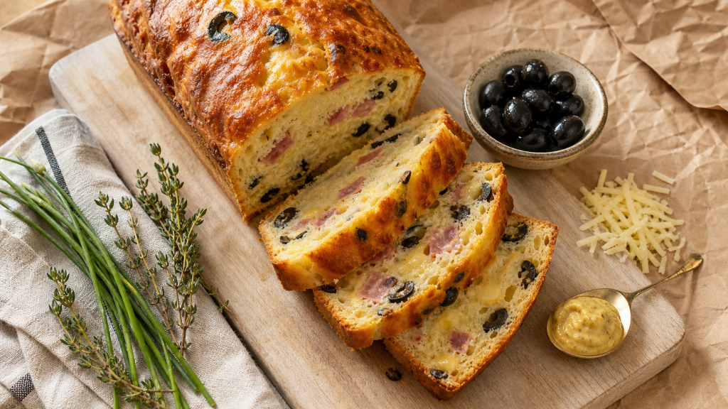 Recette salé : cake olives jambon, tranches et moutarde