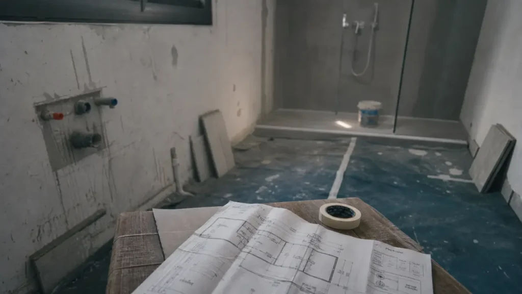 Renover une salle de bain : salle en chantier avec sol protégé et douche à l’italienne