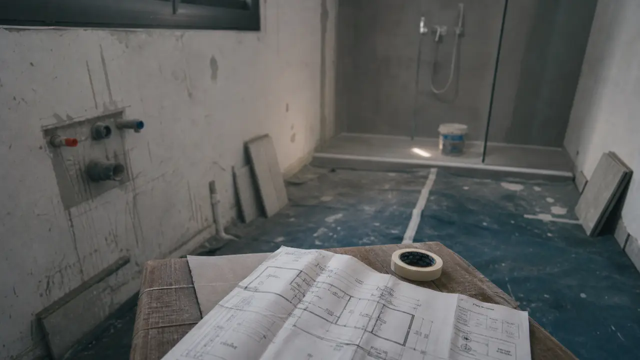 Renover une salle de bain : salle en chantier avec sol protégé et douche à l’italienne