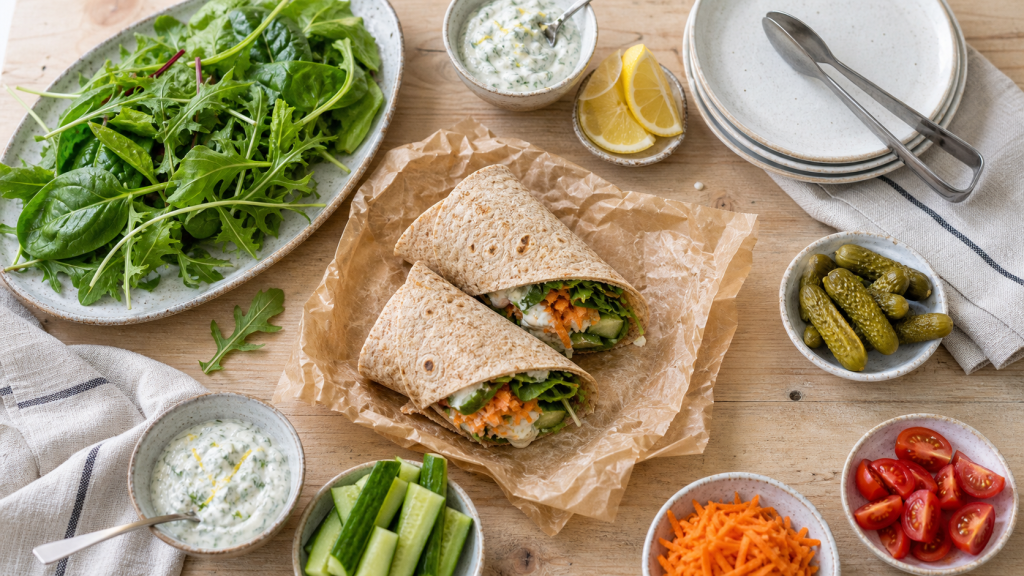 Repas froid entre amis : buffet de wraps frais, bols de sauce yaourt-citron