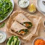 Repas froid entre amis : buffet de wraps frais, bols de sauce yaourt-citron