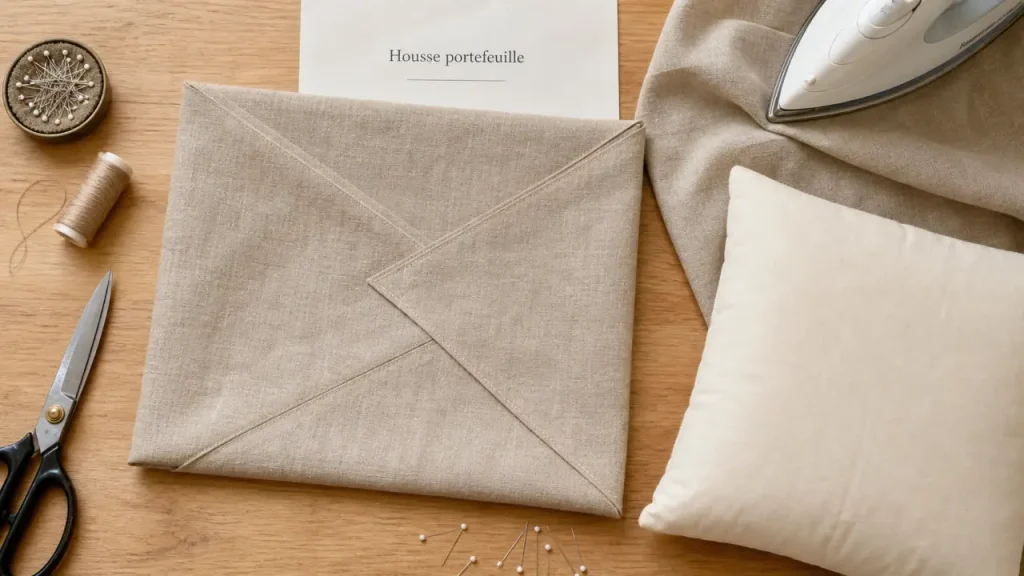 Tuto coussin portefeuille : housse portefeuille sans fermeture éclair, tissus beige et couture