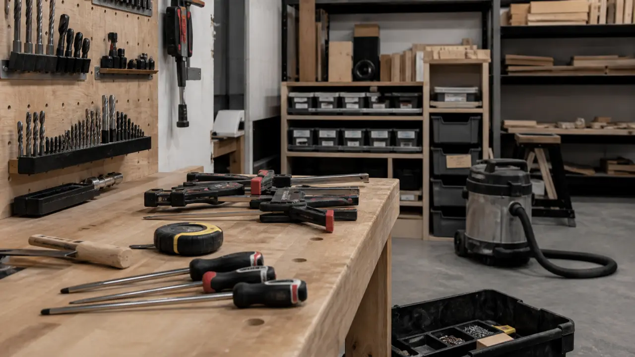 Aménagement atelier bricolage : établi et aspirateur de chantier pour réduire la poussière