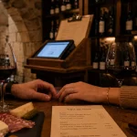 Bar à vin romantique paris, verres de vin rouge et table en bois