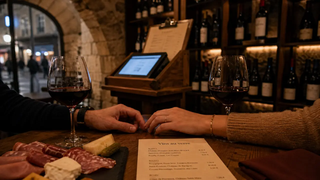Bar à vin romantique paris, verres de vin rouge et table en bois