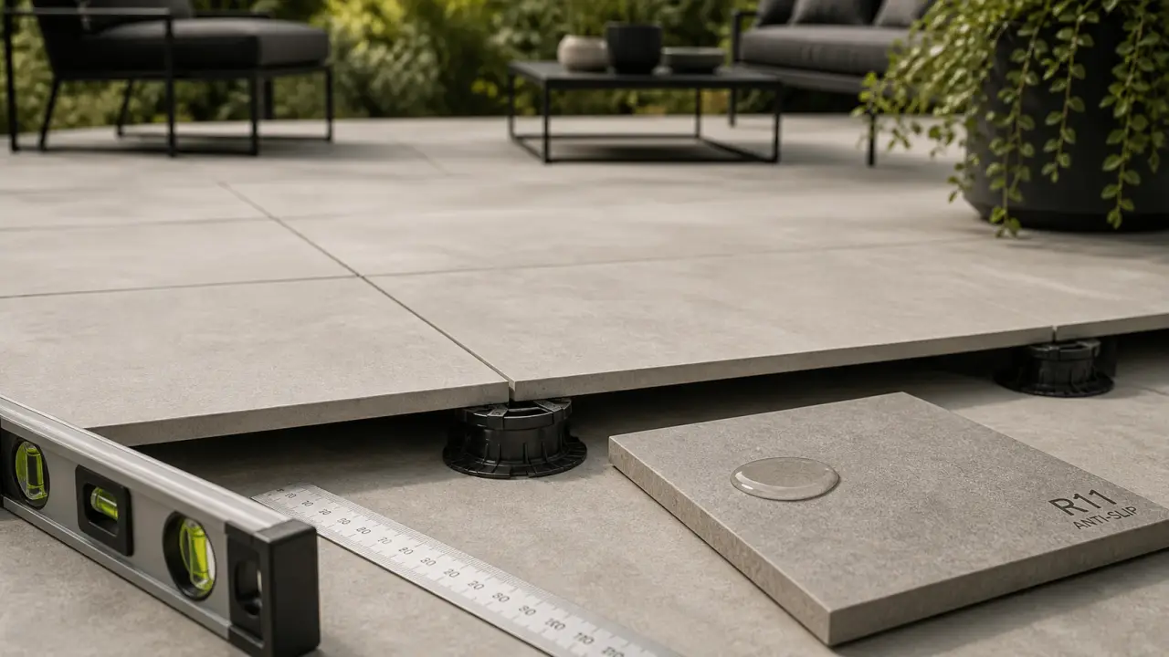 Carrelage terrasse moderne effet béton R11 antidérapant sur plots