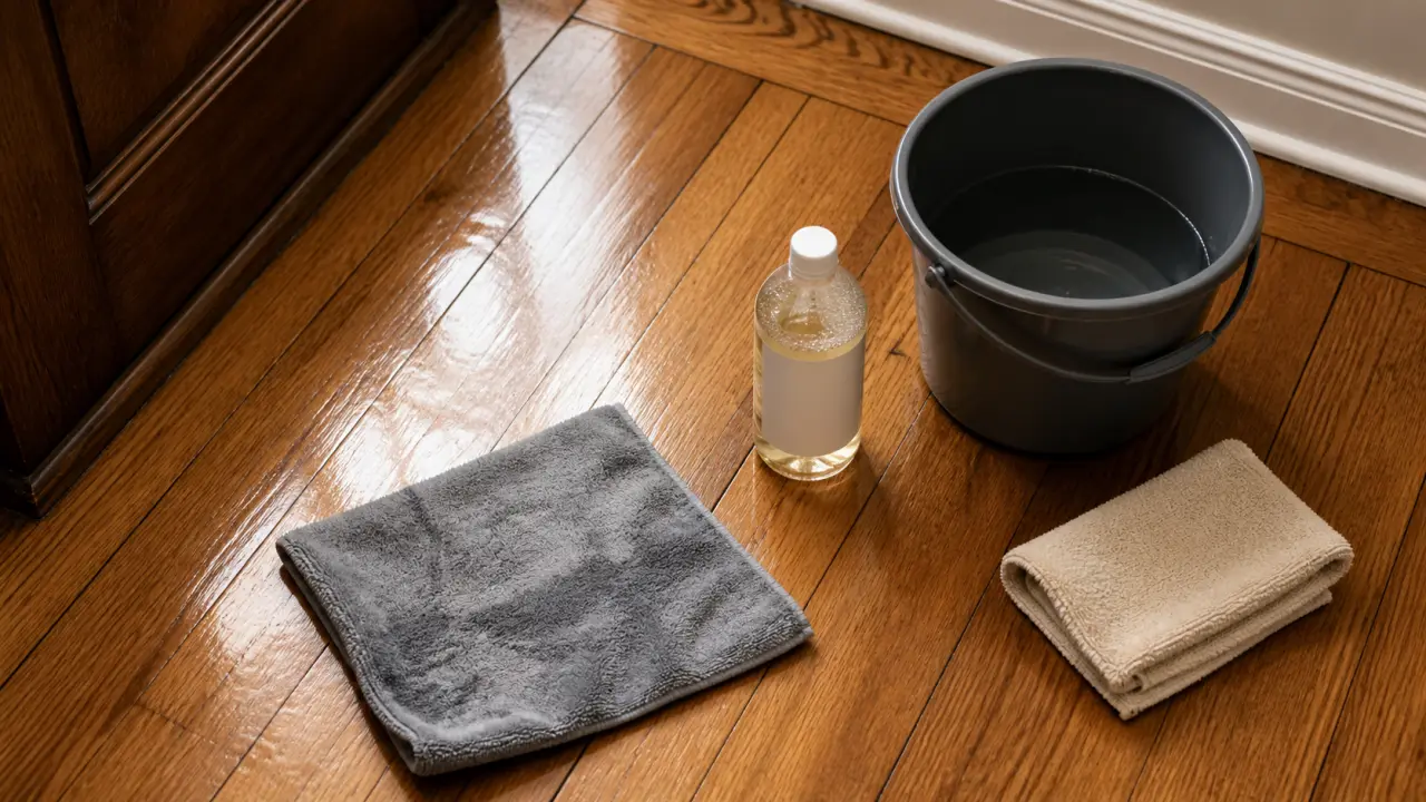 Comment nettoyer un parquet : microfibre humide essorée, savon neutre sur parquet vitrifié